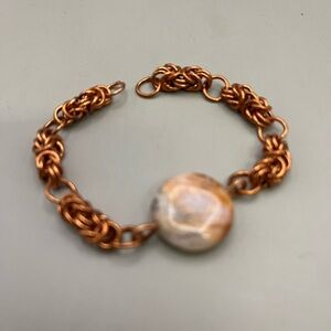Brown and Cream Byzantine Chain Mail Bracelet with Pearl Accent